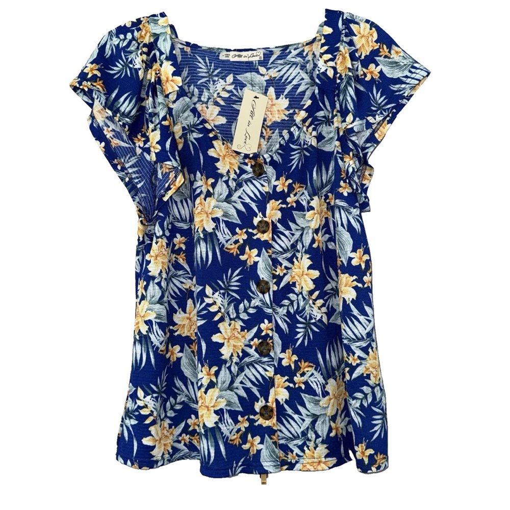 All in Love Blouse size M blue print floral tropical beach vacation summer